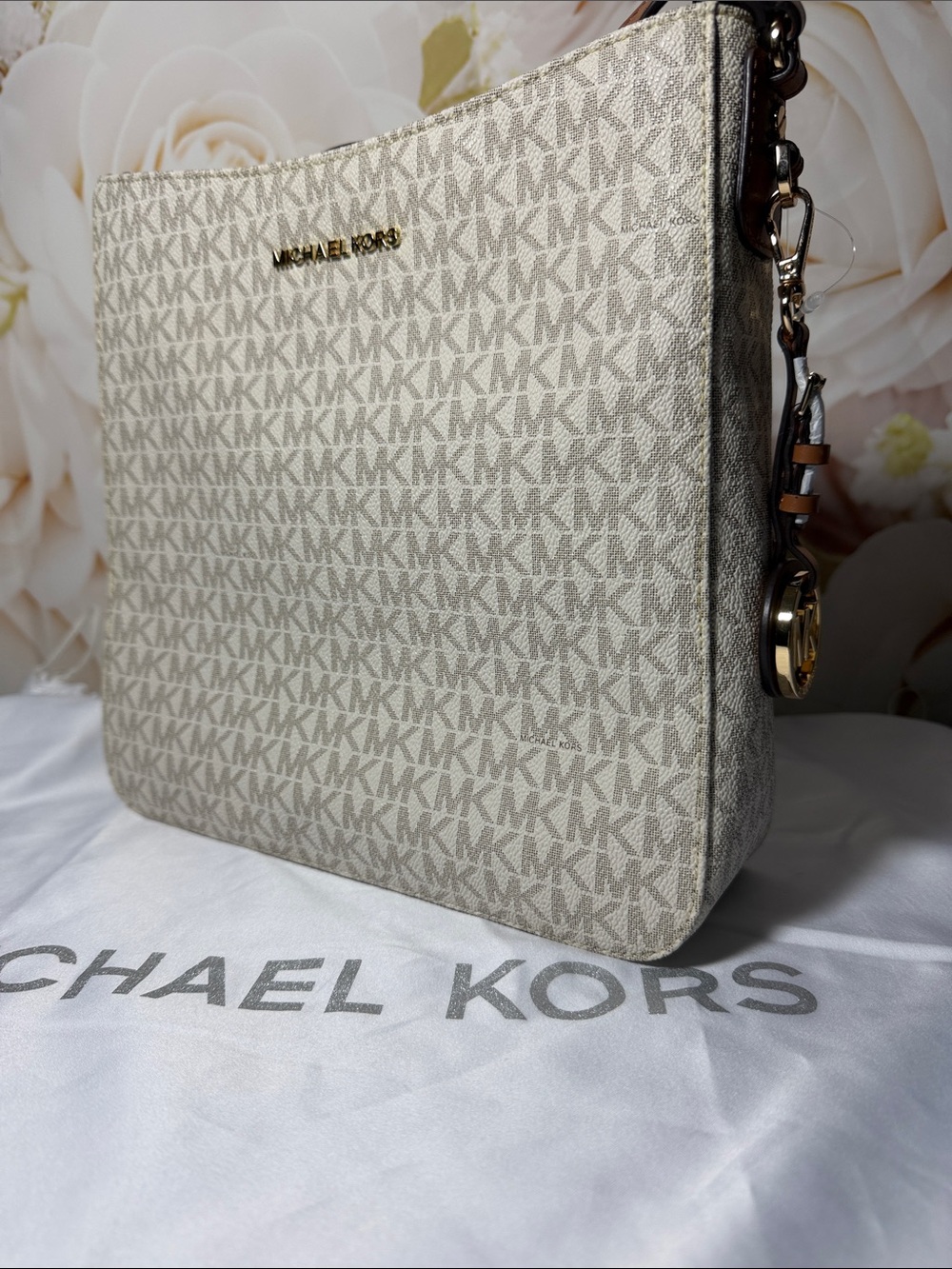 Michael Kors Beige Signature MK Monogram Crossbody Bag